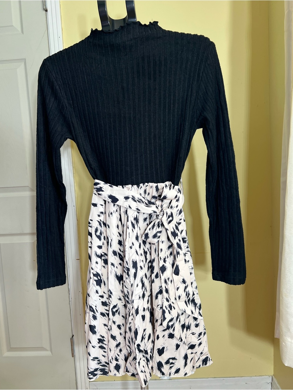 Black Ribbed Mock Neck Sweater with Black & White Printed Skirt